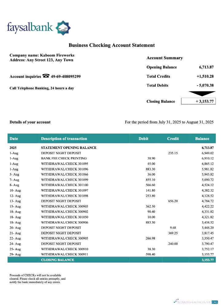 Download Pakistan Faysal firm account statement Word and PDF template Photoshop template